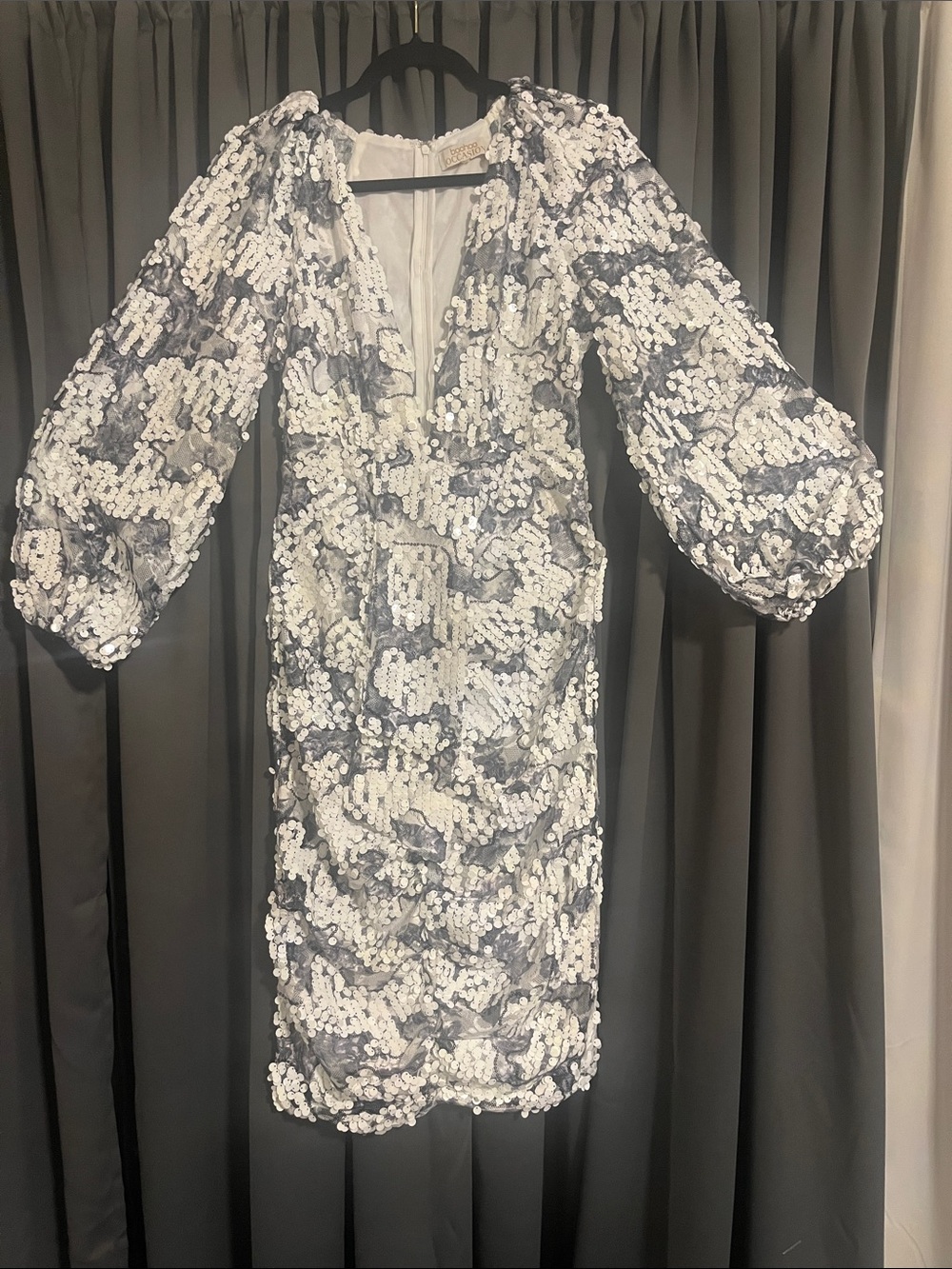 Boohoo White and Gray Sequin Long Sleeve Cocktail Dress